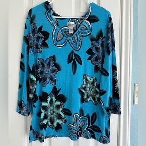 Vintage CHICO'S Women's Blue Kaleidoscope Long Sleeve V-Neck Top Size 3 (XL 16)